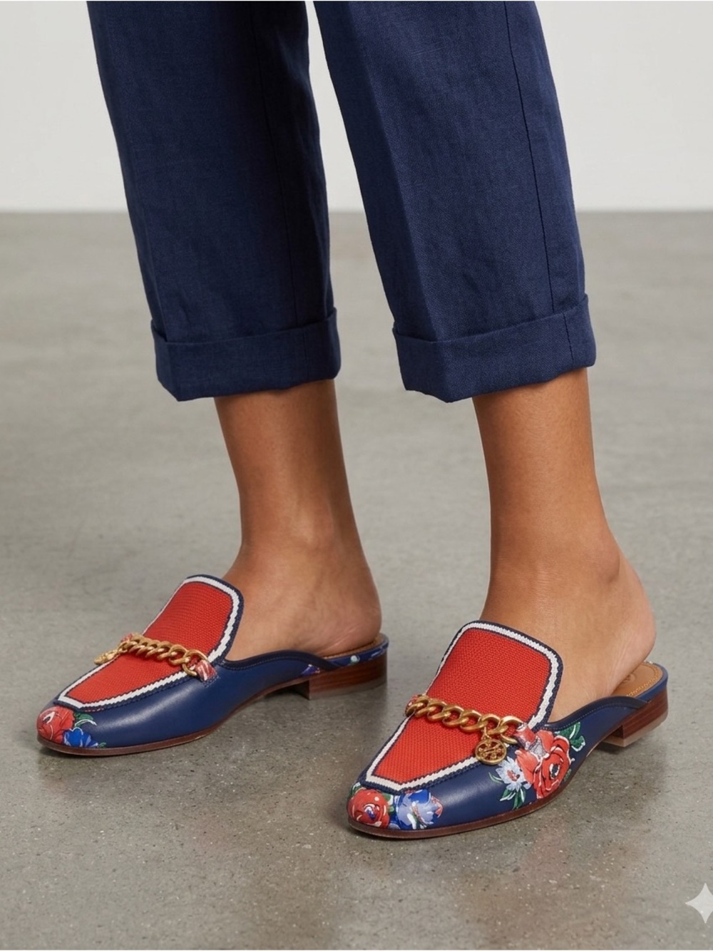 Tory Burch Leather Floral Mules Size 7 – Red & Blue, Excellent Condition
